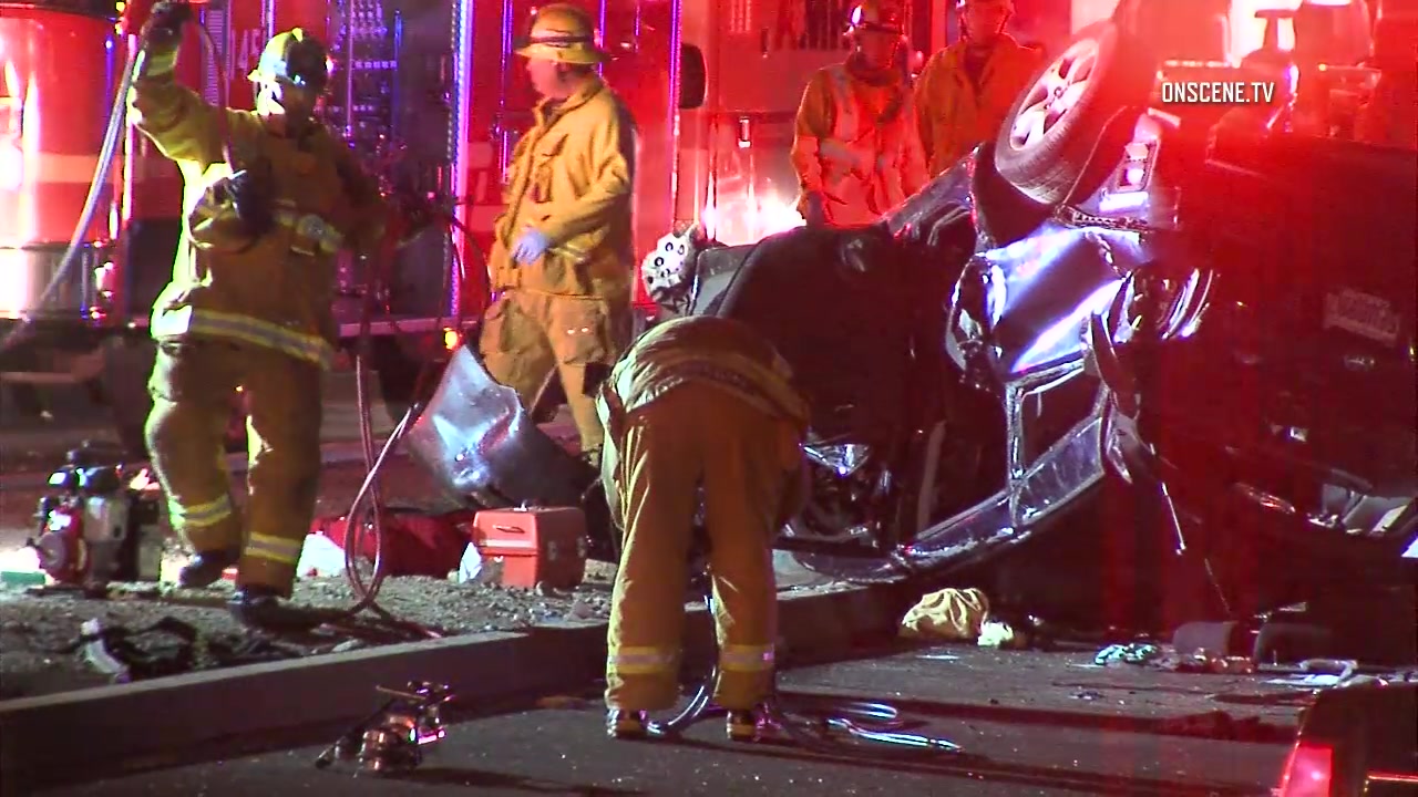 Headon crash, overturned crushed car, 5 injured in La Habra Heights
